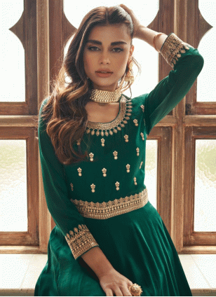 Embroidered Green  Trendy Gown