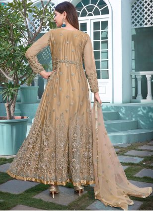 Brown color Embroidered Net Anarkali Suit