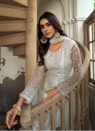 Heavy net Embroidered White Pakistani Salwar Suit