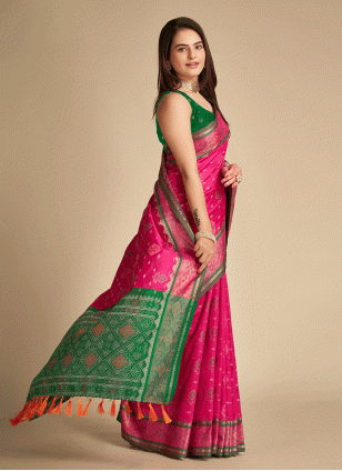 Patola Silk Green and Pink Woven work Traditional Saree