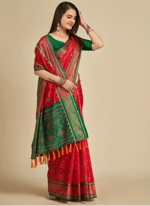 Orphic Green and Red Woven work Traditional Saree