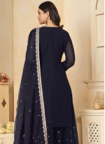 Georgette Embroidered Palazzo Salwar Suit in Navy blue