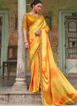 Satin Gold Embroidered Traditional Saree