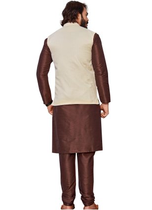Printed Cotton  Kurta Payjama And Koti in Brown and Off White for Men