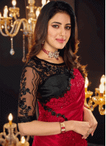 Georgette Black and Red Embroidered work Traditional Saree