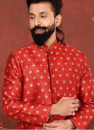 Red Indo Western in Jacquard with work for Men