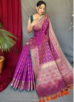 Purple color Patola Silk Bandhej Saree with work