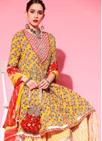 Women's Red and Yellow Cotton  Embroidered work Sharara Salwar Kameez