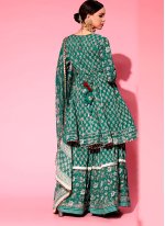 Exquisite Embroidered Cotton  Green Sharara Salwar Kameez
