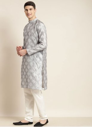 Silk Jacquard Kurta Payjama in Grey for Men