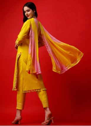 Regal Yellow Rayon Embroidered Straight Salwar Suit