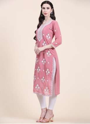 Georgette Pink Embroidered Casual Kurti