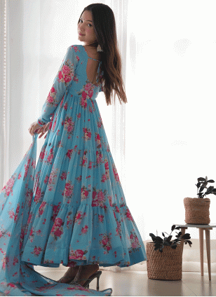 Astounding Blue Digital Print work Readymade Salwar Suits