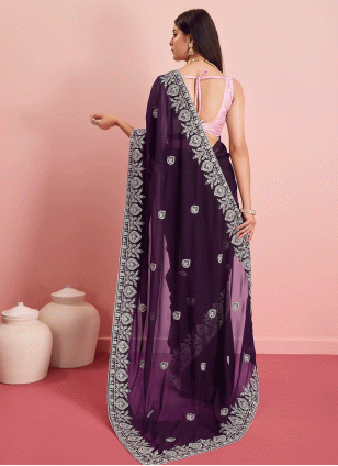 Art Silk Pink and Purple Fancy Work Traditional Saree