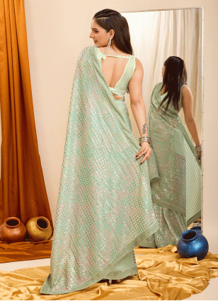 Georgette Pista green Sequins Traditional Saree