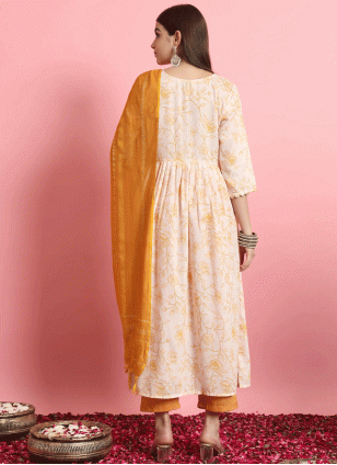 Transcendent Cream and Yellow Printed work Readymade Salwar Suits