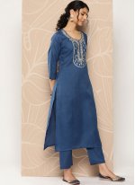 Blue color Blended Cotton Casual Salwar Kameez with work