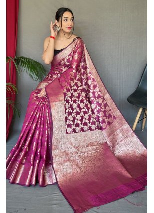 Hot Pink Cotton  Weaving Traditional Saree