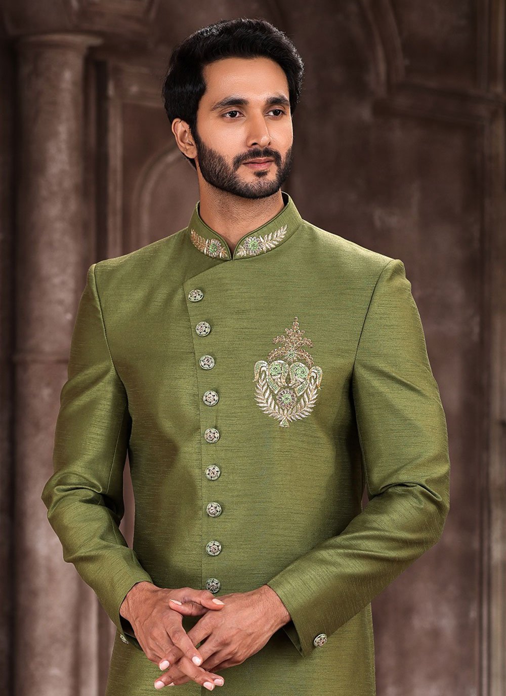 Buy Gold and Green color Art Silk fabric Embroidered Sherwani - 95626