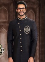Black and Gold color Embroidered Art Silk Sherwani