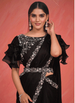 Satin Black Embroidered work Traditional Saree