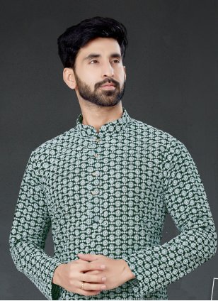 Art Silk Embroidered Kurta in Green for Men