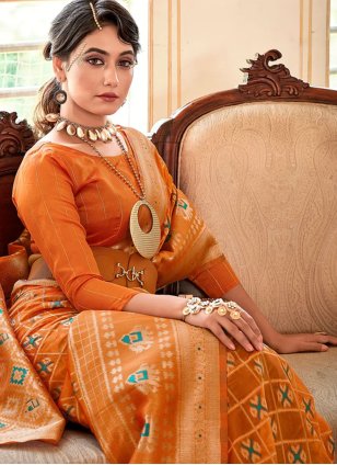 Silk Orange Embroidered work Traditional Saree