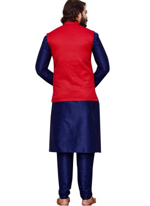 Cotton  Printed Kurta Payjama And Koti in Navy blue and Red for Men
