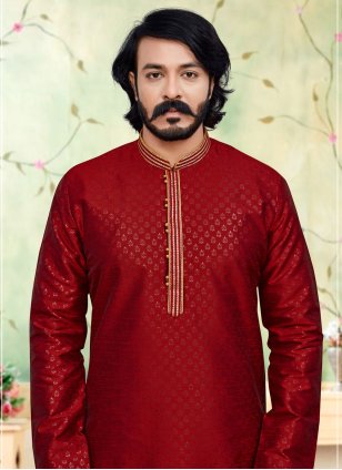 Silk Cord Work Kurta Payjama in Red for Men