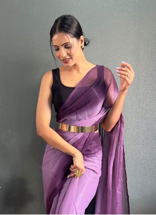 Black and Purple color Satin Traditional Saree with Plain work