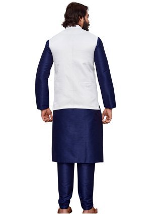 
                            Navy blue and White color Cotton  fabric Printed Kurta Payjama And Koti
