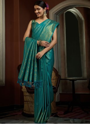 Turquoise Weaving Kanjivaram Silk Traditional Saree
