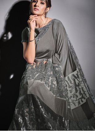 Digital Print Grey Lycra Designer Sari