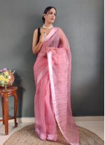 Plain work Black and Pink color Organza fabric Plain Traditional Saree