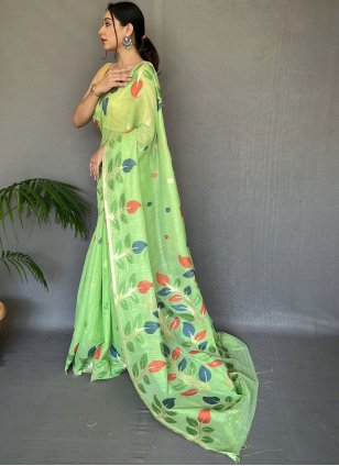 Weaving work Pista green color Chanderi fabric Weaving Casual Sari