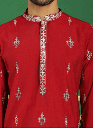 Red color Cotton  fabric Embroidered Kurta Payjama