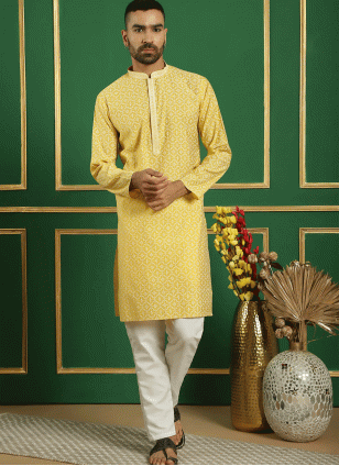 Yellow color Cotton  fabric Kurta Payjama