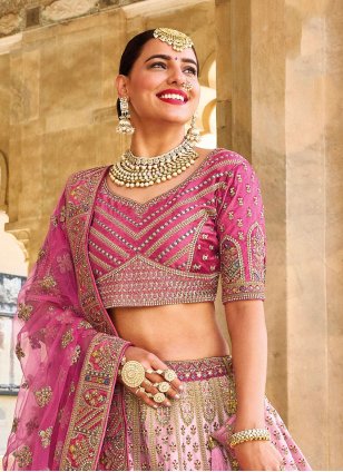 Pink Silk Embroidered A - Line Designer Wedding Lehenga Choli