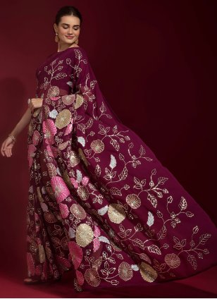 Exuberant Wine Banglori Silk blouse Embroidered Designer Sari