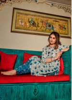 Gleaming Teal and White Cotton  Printed Straight Salwar Suit