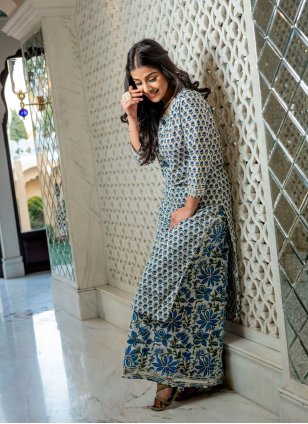 Teal and White Cotton  Palazzo Salwar Suit