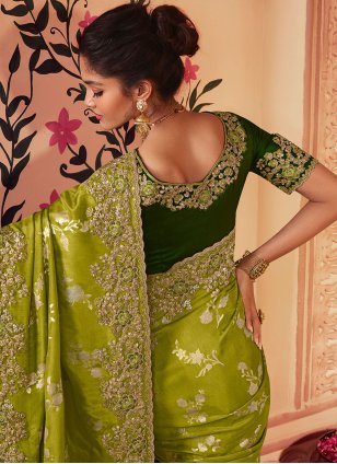 Mehndi color Viscose Designer Sari with Embroidered work