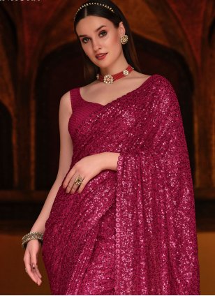 
                            Blooming Sequins Crimson Georgette Bollywood Sari