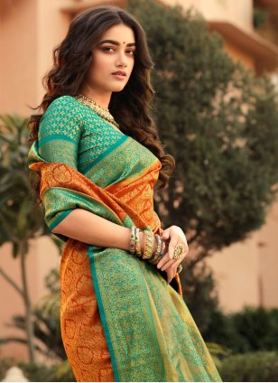 Orange Kanjivaram Silk Woven Designer Saree for Wedding