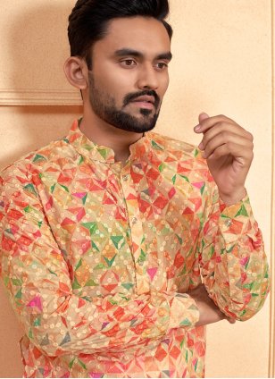 Multi Colour Cotton  Digital Print Kurta Payjama for Men