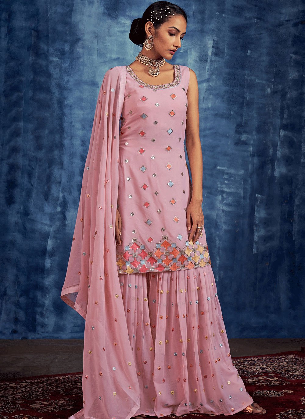 Buy Blush Pink Embroidered Sharara Suit In USA, UK, Canada, Australia,  Newzeland online