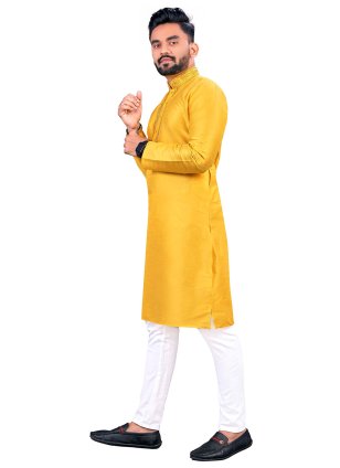 Yellow Silk Kurta Payjama for Men