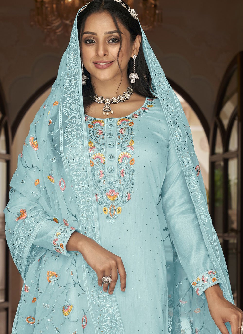 Buy Epitome Sky blue Georgette Embroidered Salwar suit Online : UK 