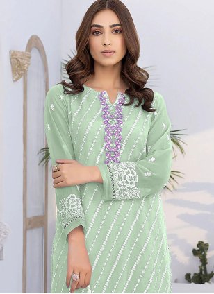Voguish Pista green Embroidered work Straight Salwar Suit