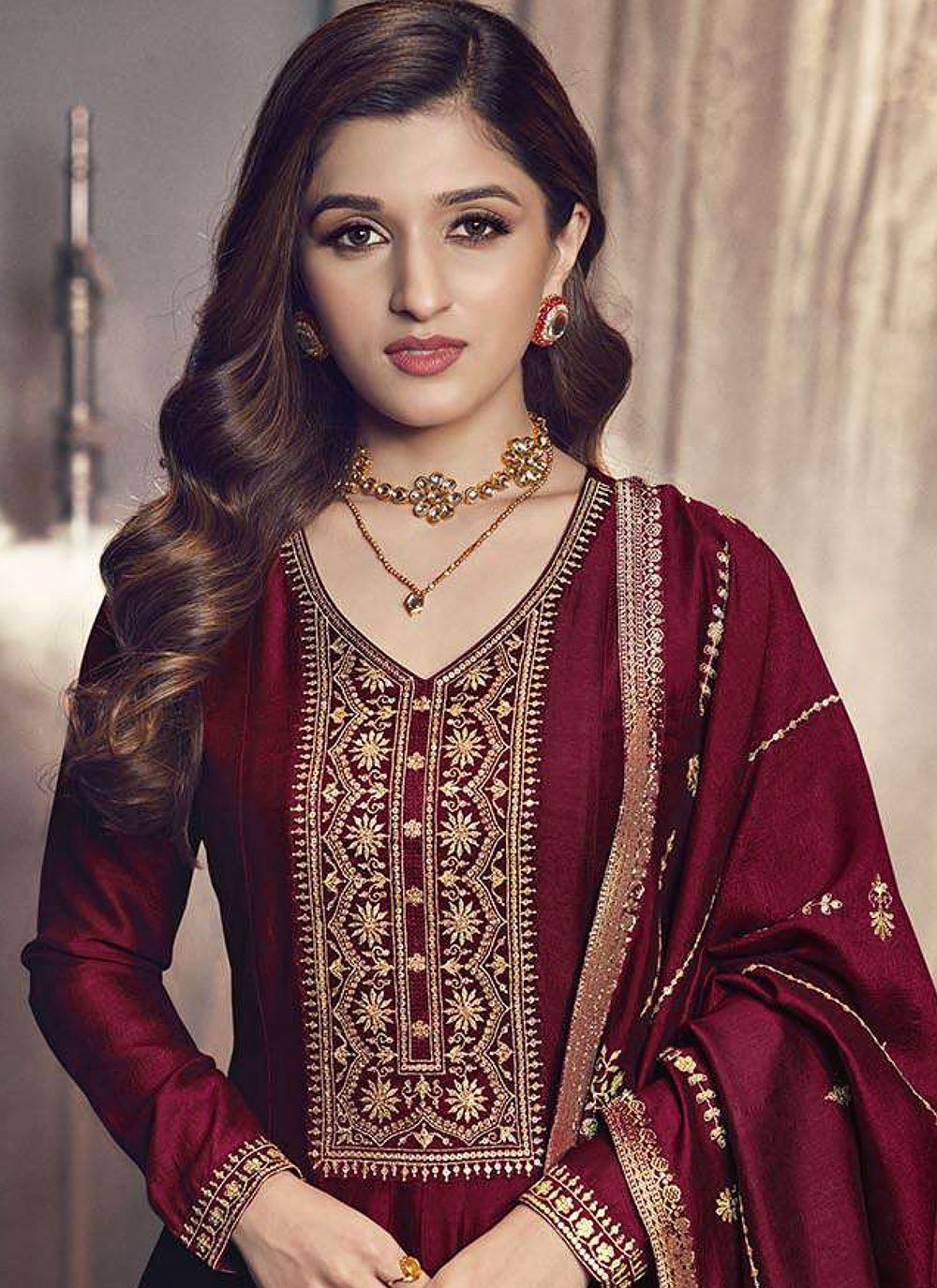 Maroon Heavy Embroidered Kalidar Anarkali Suit Indian Clothing